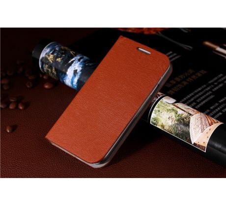Flip obal hnědý, vzor: dřevo (Samsung S4 mini)